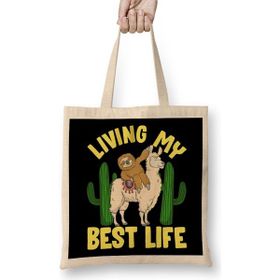 Humuts Living My Best Life Adorable Sloth Riding Llama Uzun Saplı Açık Bej Bez Çanta