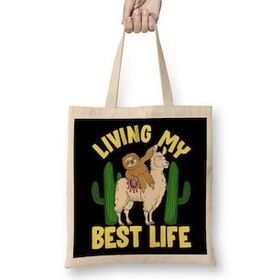 Humuts Living My Best Life Adorable Sloth Riding Llama Uzun Saplı Açık Bej Bez Çanta