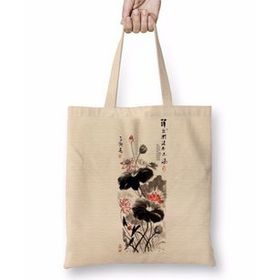 Humuts Lotus Flower Lotus Painting Uzun Saplı Açık Bej Bez Çanta