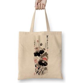 Humuts Lotus Flower Lotus Painting Uzun Saplı Açık Bej Bez Çanta
