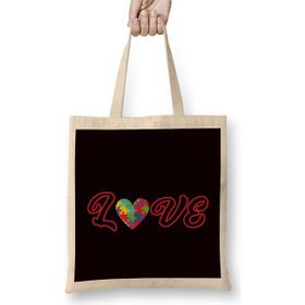 Humuts Love Autism Awareness Heart Puzzle Autistic Child Support Uzun Saplı Açık Bej Bez Çanta
