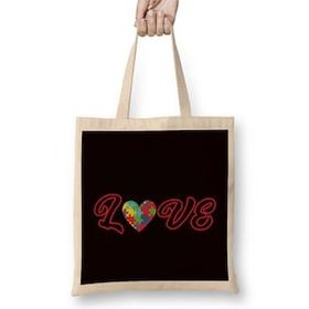 Humuts Love Autism Awareness Heart Puzzle Autistic Child Support Uzun Saplı Açık Bej Bez Çanta