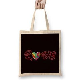 Humuts Love Autism Awareness Heart Puzzle Autistic Child Support Uzun Saplı Açık Bej Bez Çanta