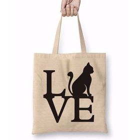 Humuts Love Cat Kedi Bez Uzun Saplı Açık Bej Rengi Çanta