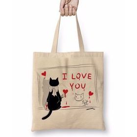 Humuts Love Cat Kedi Bez Uzun Saplı Açık Bej Rengi Çanta