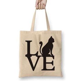 Humuts Love Cat Kedi Bez Uzun Saplı Açık Bej Rengi Çanta