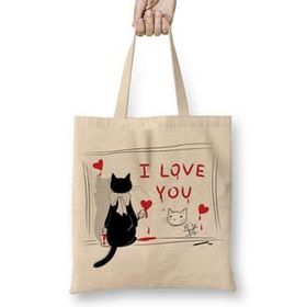 Humuts Love Cat Kedi Bez Uzun Saplı Açık Bej Rengi Çanta
