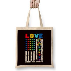 Humuts Love Needs No Words Us American Flag Autism Puzzle Autistic Uzun Saplı Açık Bej Bez Çanta