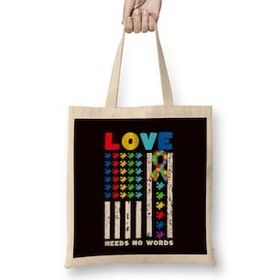 Humuts Love Needs No Words Us American Flag Autism Puzzle Autistic Uzun Saplı Açık Bej Bez Çanta
