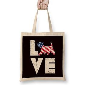 Humuts Love West Highland Terrier Westie Us American Flag Dog Breed Uzun Saplı Açık Bej Bez Çanta