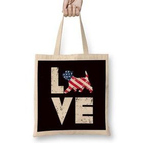 Humuts Love West Highland Terrier Westie Us American Flag Dog Breed Uzun Saplı Açık Bej Bez Çanta