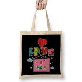 Humuts Love You Mom Anneler Günü Uzun Saplı Açık Bej Bez Çanta