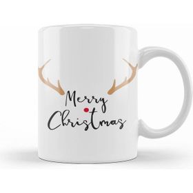 Humuts Merry Christmas Red Nose Antler Gift Beyaz Porselen Kupa Bardak