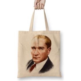Humuts Mustafa Kemal Atatürk 01 Açık Bej Uzun Saplı Bez Çanta