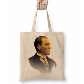 Humuts Mustafa Kemal Atatürk 03 Açık Bej Uzun Saplı Bez Çanta