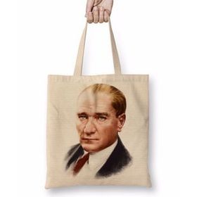 Humuts Mustafa Kemal Atatürk 03 Açık Bej Uzun Saplı Bez Çanta