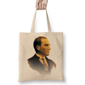 Humuts Mustafa Kemal Atatürk 03 Açık Bej Uzun Saplı Bez Çanta