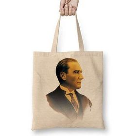 Humuts Mustafa Kemal Atatürk 03 Açık Bej Uzun Saplı Bez Çanta