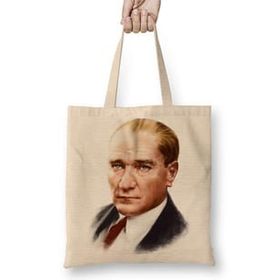 Humuts Mustafa Kemal Atatürk 03 Açık Bej Uzun Saplı Bez Çanta