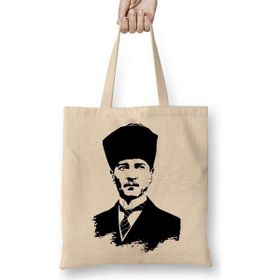 Humuts Mustafa Kemal Atatürk Açık Bej Uzun Saplı Bez Çanta
