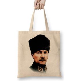 Humuts Mustafa Kemal Atatürk Açık Bej Uzun Saplı Bez Çanta