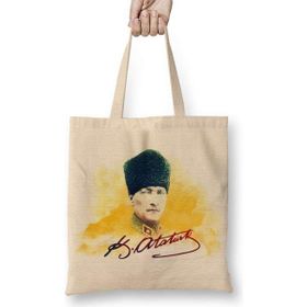 Humuts Mustafa Kemal Atatürk Açık Bej Uzun Saplı Bez Çanta