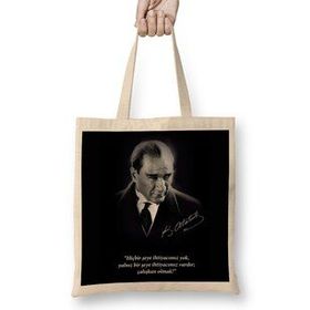 Humuts Mustafa Kemal Atatürk Söz Açık Bej Uzun Saplı Bez Çanta
