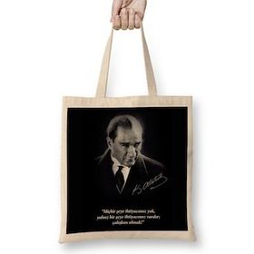Humuts Mustafa Kemal Atatürk Söz Açık Bej Uzun Saplı Bez Çanta