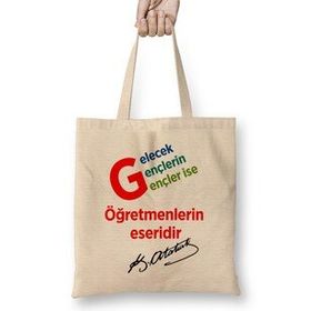 Humuts Mustafa Kemal Atatürk Sözü Açık Bej Uzun Saplı Bez Çanta