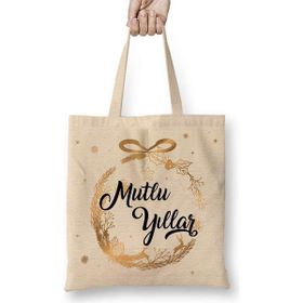 Humuts Mutlu Yıllar Açık Bej Uzun Saplı Bez Çanta