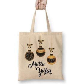 Humuts Mutlu Yıllar Noel Topları Açık Bej Uzun Saplı Bez Çanta
