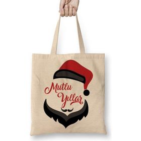 Humuts Noel Baba ile Mutlu Yıllar Bez Uzun Saplı Açık Bej Rengi Çanta