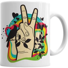 Humuts Porselen Beyaz Peace Love Barış Işareti Kupa Bardak