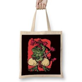 Humuts Samurai Frog Kendo Katana Cherry Blossom Tree Sakura Japan Bez Uzun Saplı Açık Bej Rengi Çanta