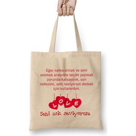 Humuts Sevgililer Günü Sevgiliye Hediye 012 Açık Bej Uzun Saplı Bez Çanta