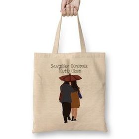Humuts Sevgililer Günü Sevgiliye Hediye 078 Bez Uzun Saplı Açık Bej Rengi Çanta