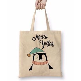 Humuts Sevimli Penguen Ile Mutlu Yıllar Bez Uzun Saplı Açık Bej Rengi Çanta