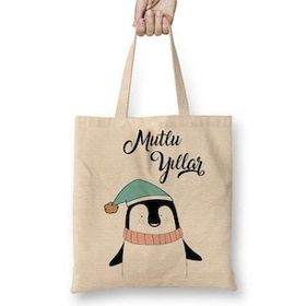 Humuts Sevimli Penguen Ile Mutlu Yıllar Bez Uzun Saplı Açık Bej Rengi Çanta
