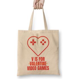 Humuts V Is for Video Games Valentine's Day Funny Design for Gamers Uzun Saplı Bez Çanta