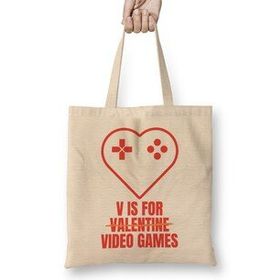 Humuts V Is for Video Games Valentine's Day Funny Design for Gamers Uzun Saplı Bez Çanta