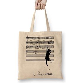 Humuts Yaramaz Komik Müzik Notalı Kedi Cat Bez Uzun Saplı Açık Bej Rengi Çanta