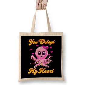 Humuts You Octopi My Heart Adorable Baby Octopus Pun Bez Uzun Saplı Açık Bej Rengi Çanta