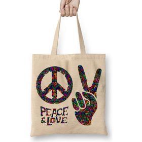 Humuts Zafer ve Barış Işareti Peace Lowe Bez Uzun Saplı Açık Bej Rengi Çanta