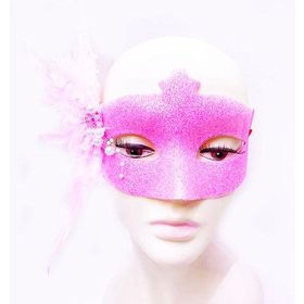 Huramarketing Sim İşlemeli İnci Boncuk Detaylı Pembe Renk 13x18 cm Tüylü Balo Maskesi