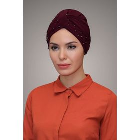 Hürrem 1870_16 Bone Bordo Sandy Kumaş Boncuklu Pratik Dolama Tesettür Bone