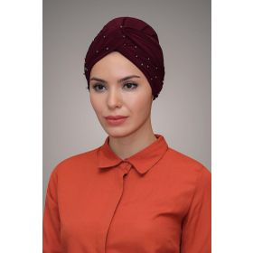 Hürrem 1870_16 Bone Bordo Sandy Kumaş Boncuklu Pratik Dolama Tesettür Bone