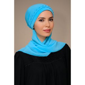 Hürrem Bone 1203A_11 Sandy Kumaş Örgülü Güllü Şifon Atkılı Bebe Mavisi Pratik Hazır Geçmeli Tesettür Bone