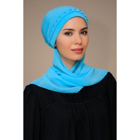 Hürrem Bone 1203A_11 Sandy Kumaş Örgülü Güllü Şifon Atkılı Bebe Mavisi Pratik Hazır Geçmeli Tesettür Bone