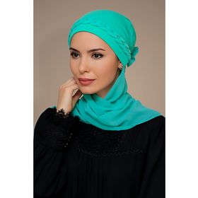 Hürrem Bone 1203A_32 Su Yeşili Sandy Kumaş Örgülü Güllü Şifon Atkılı Pratik Hazır Geçmeli Tesettür Bone
