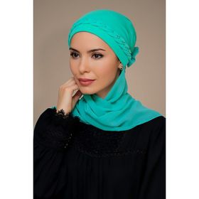 Hürrem Bone 1203A_32 Su Yeşili Sandy Kumaş Örgülü Güllü Şifon Atkılı Pratik Hazır Geçmeli Tesettür Bone